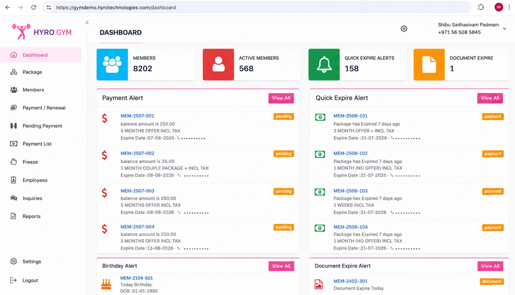 HYRO Gym Dashboard