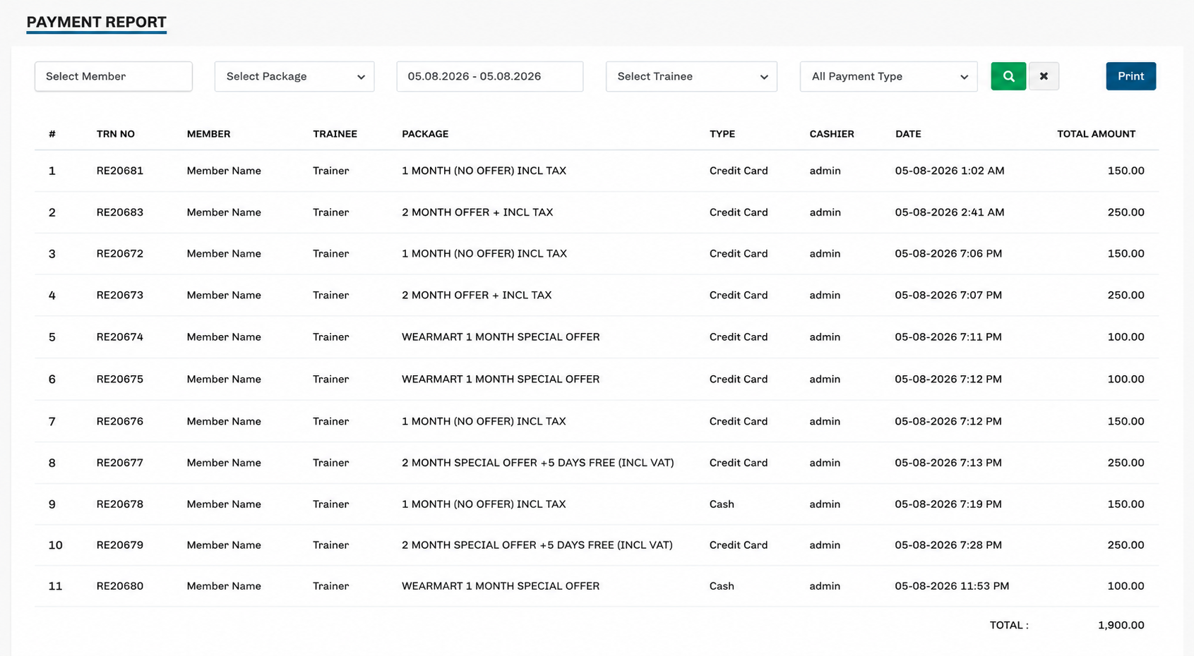HYRO Gym Management Reports